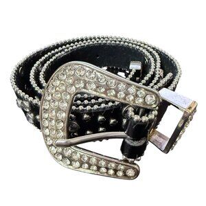 Leather Western Cowgirl Rhinestone Bling Belt Size SM Cross Fits 32" - 36" Black